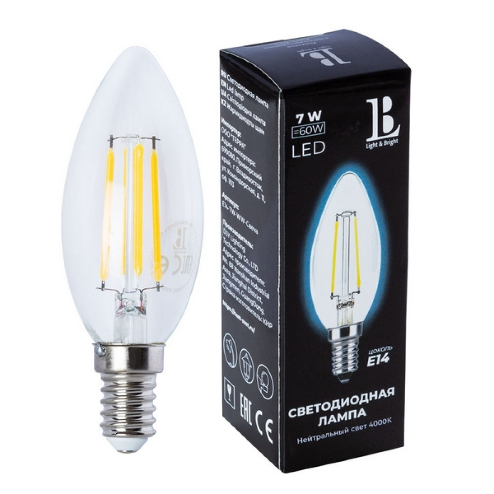 Лампочка светодиодная филаментная E14-7W-NH-candle filament_lb